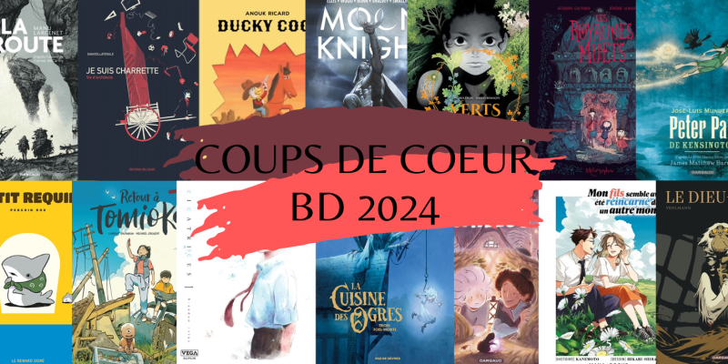 couvertures de BD multicolores avec bandeau bleu et vert et inscription "coups de coeur BD 2024"