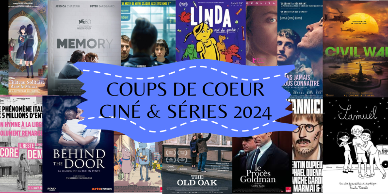 Images des films avec bandeau bleu au milieu et indication" coups de coeur ciné et séries 2024"