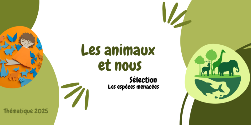 bandeau vert et blanc avec animaux en vert et titre Les animaux et nous