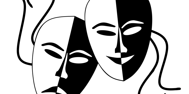 2 masques en noir et blanc l'un souriant et l'autre faisant la grimace