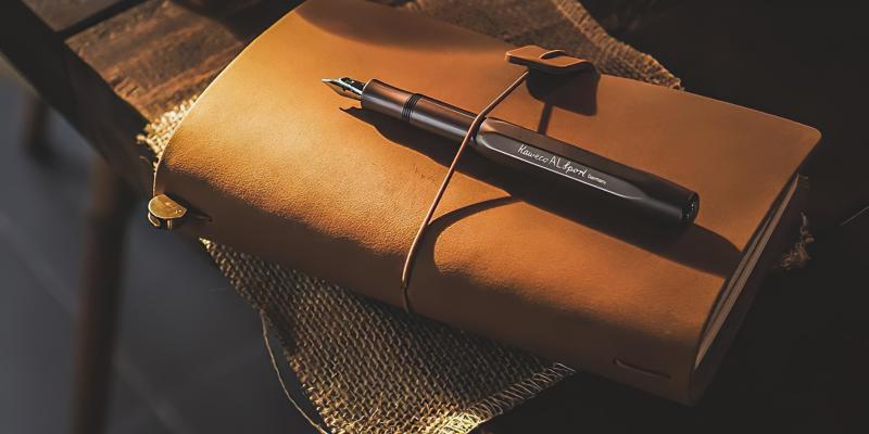 livre posé sur une table avec un stylo à plume dessus